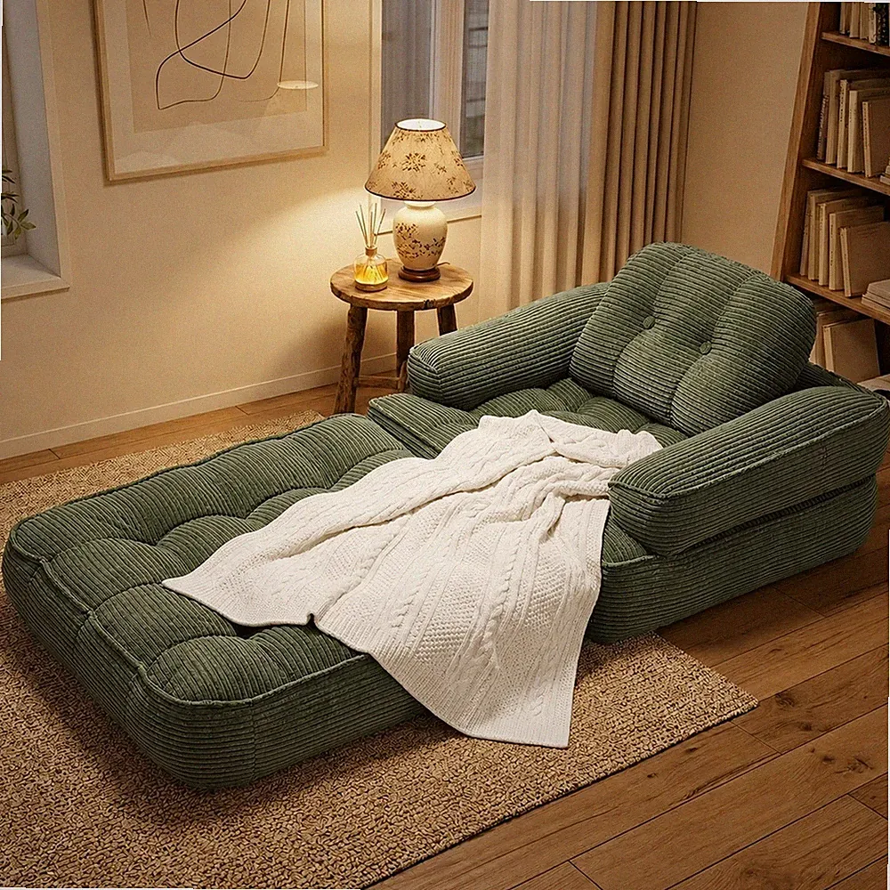 Convertible Corduroy Sofa Bed w/ Thick Cushions Foldable Guest Bed Dark Green