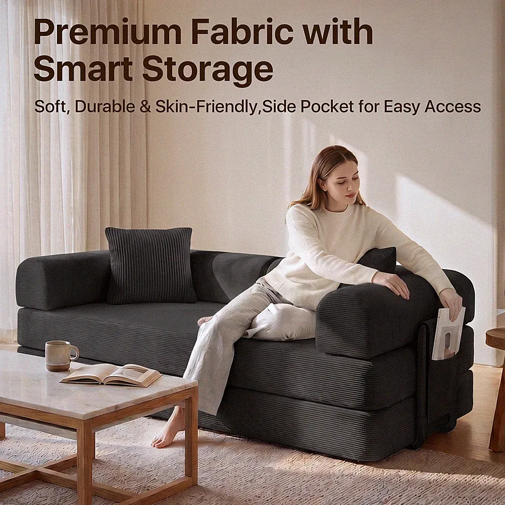 Convertible Couch Sofa Bed Sleeper Pull-Out Couch W/ Pocket & Support Breathable