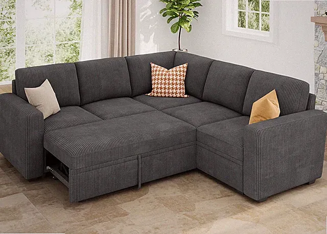 Convertible Dark Grey Sectional Sleeper Sofa with Storage and Pull-Out Bed