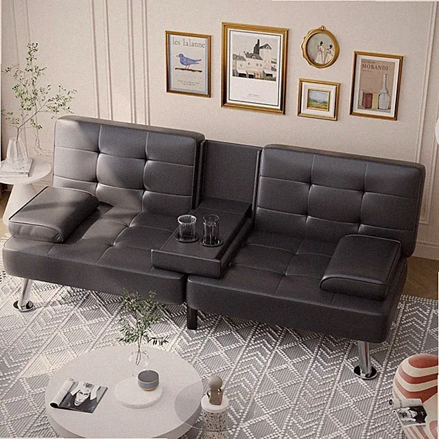 Convertible Faux Leather Futon Sofa Bed with Cup Holders & Removable Armrests