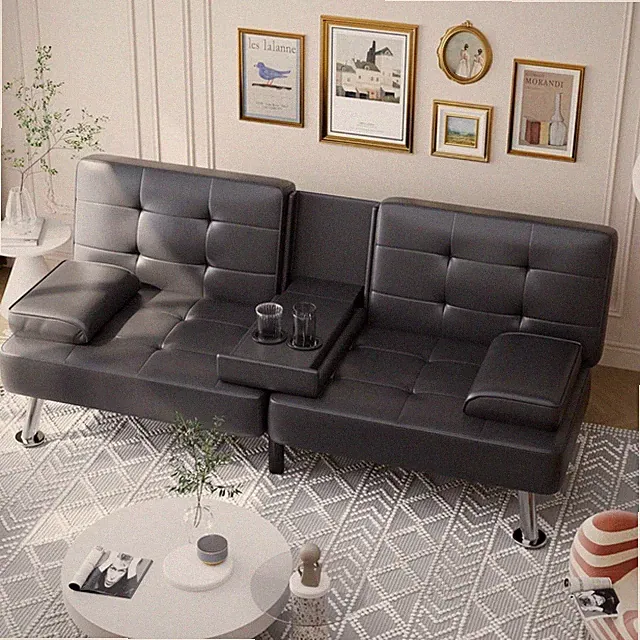 Convertible Faux Leather Sofa Bed 2-Seater Sleeper Couch Living Room