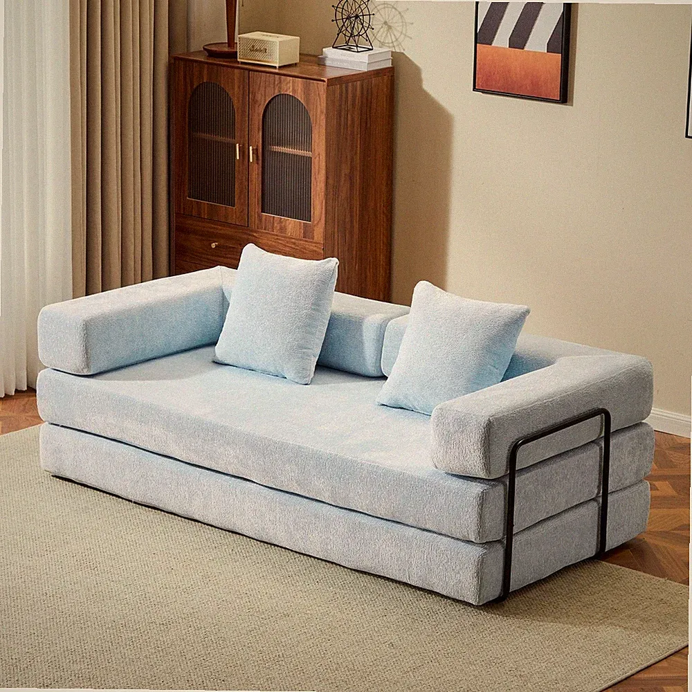 Convertible Floor Light Blue Chenille Sofa Bed W/ Pillow Armrest