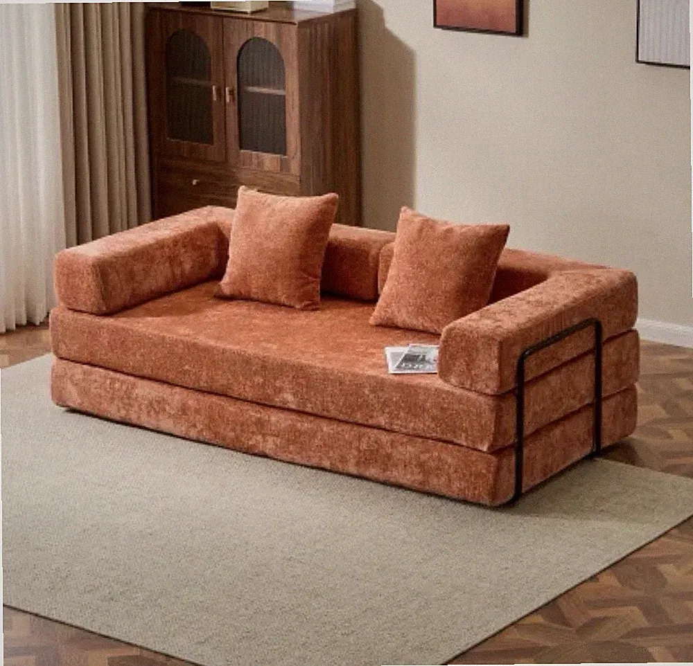 Convertible Floor Sofa Bed Futon Lounge Chair w/ Pillow Armrest Chenille Orange