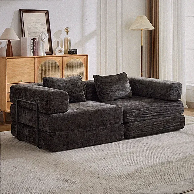 Convertible Floor Sofa Bed, Loveseat to Mattress, Chenille, Black