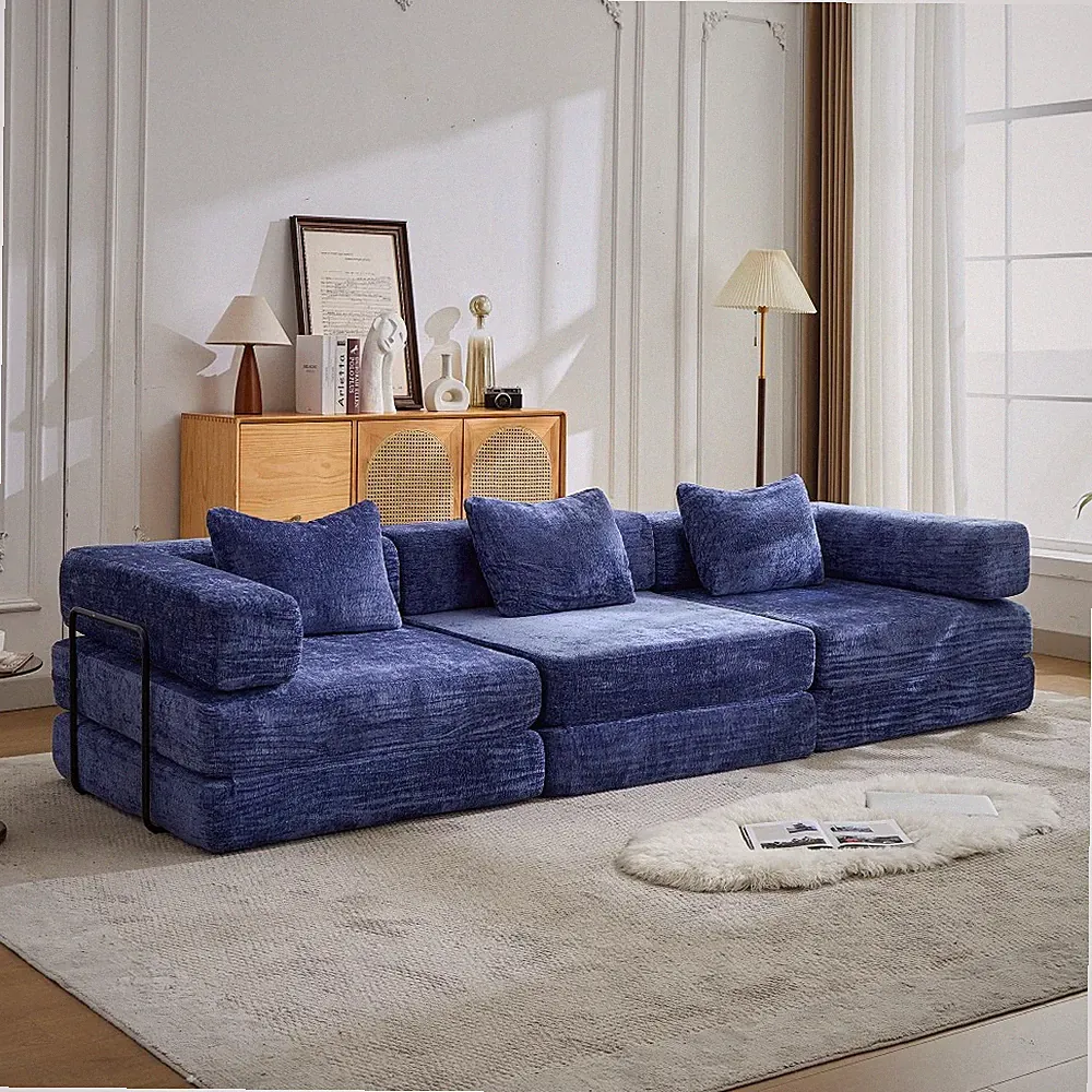 Convertible Floor Sofa Bed Sectional Chenille Dark Blue Modular