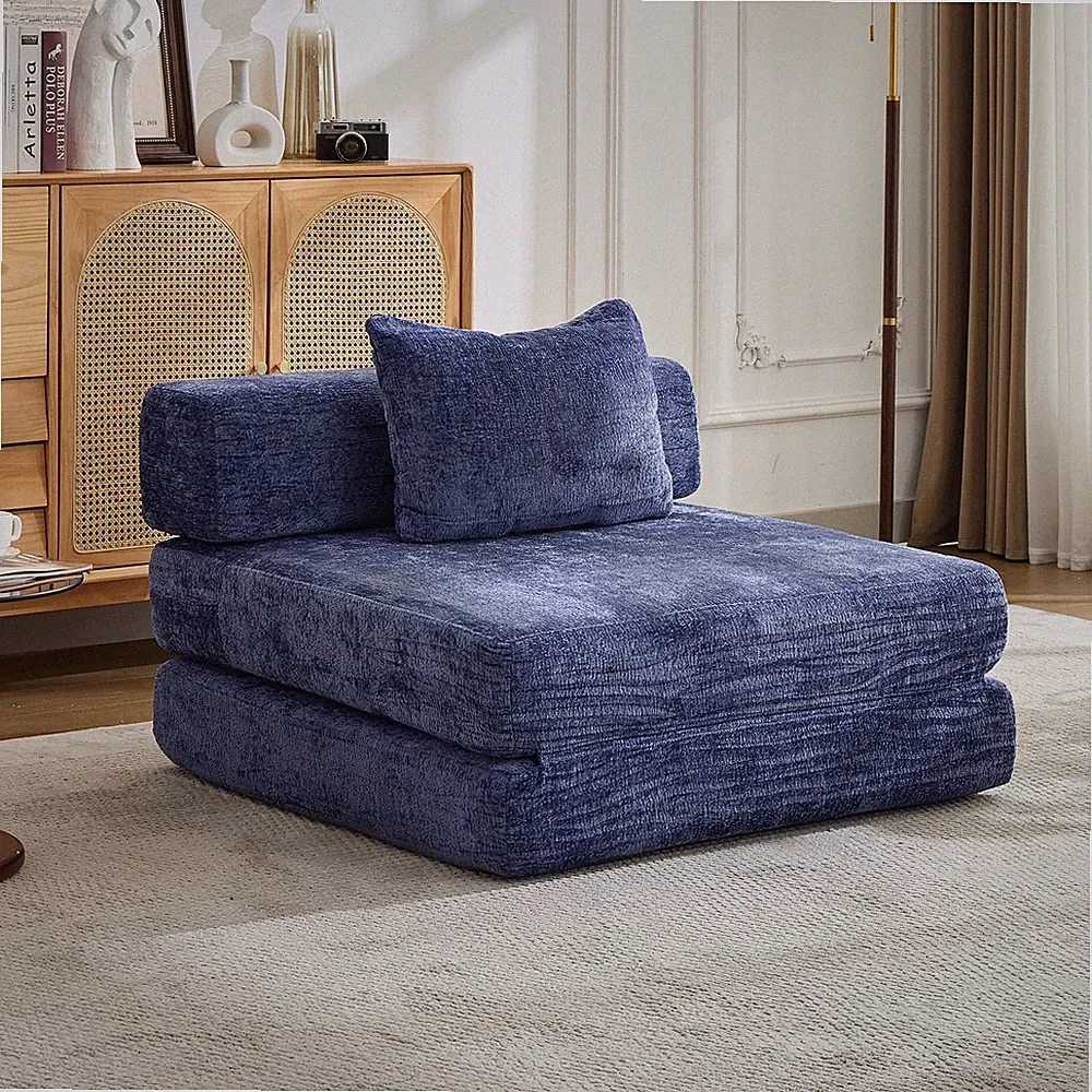 Convertible Floor Sofa Bed Single Seater Boneless Sectional Chenille Dark Blue