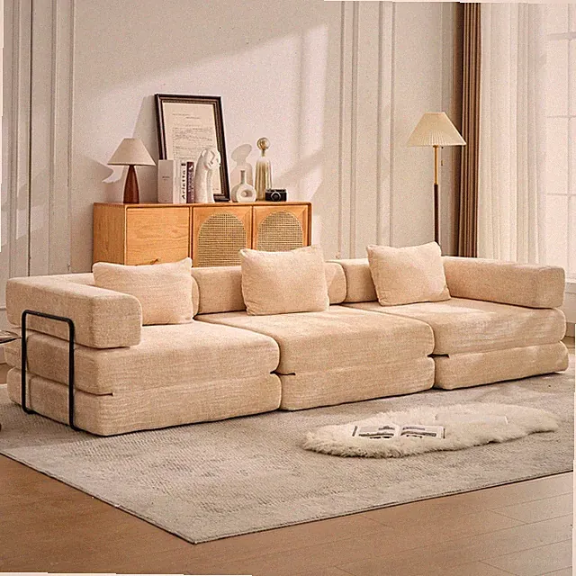 Convertible Floor Sofa Bed w/Fixed Frame, Chenille, Beige, No Assembly