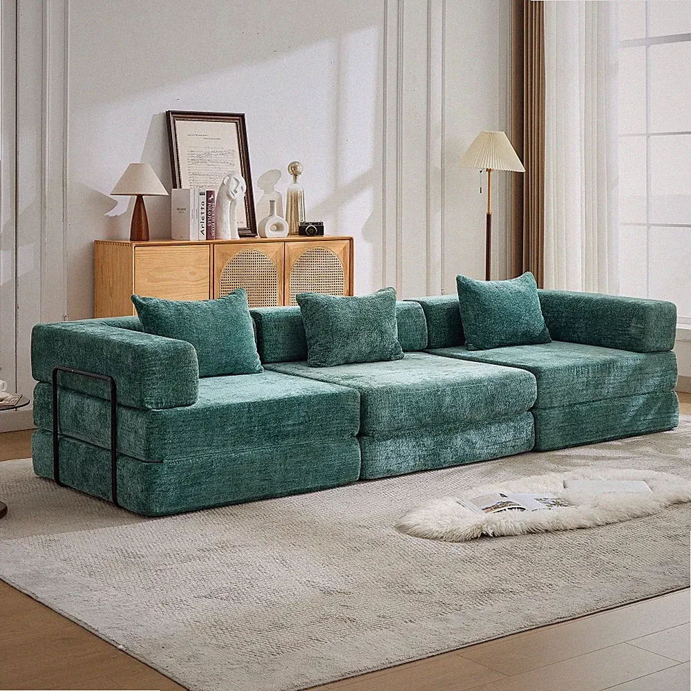 Convertible Floor Sofa Bed w/ Fixed Frame, Chenille Fabric, Dark Green