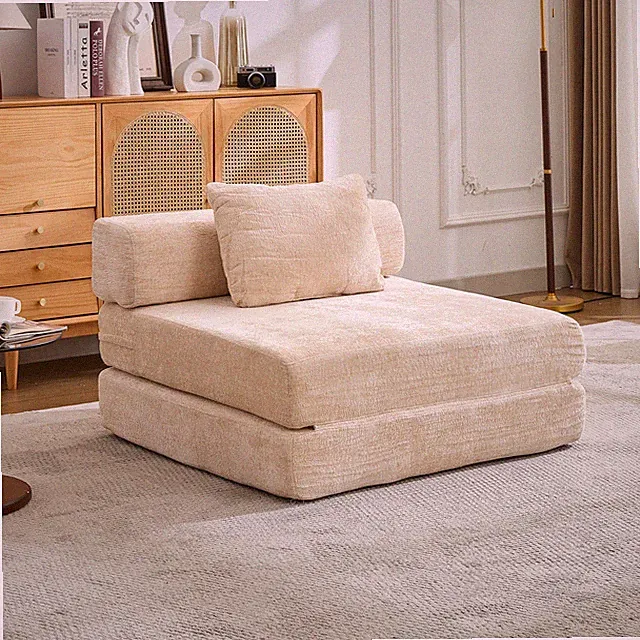 Convertible Floor Sofa Bed with Fixed Frame, Chenille, Beige