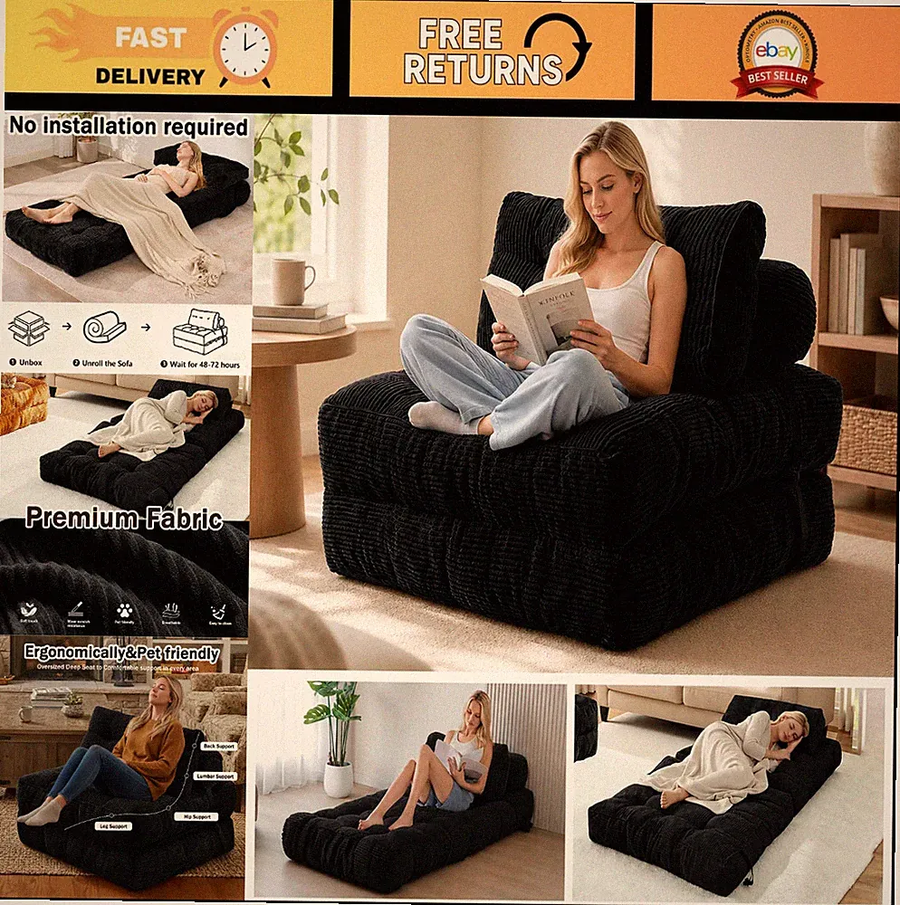 Convertible Foldable Chair Bed | Corduroy Upholstered 3-in-1 Sofa Couch with Adj