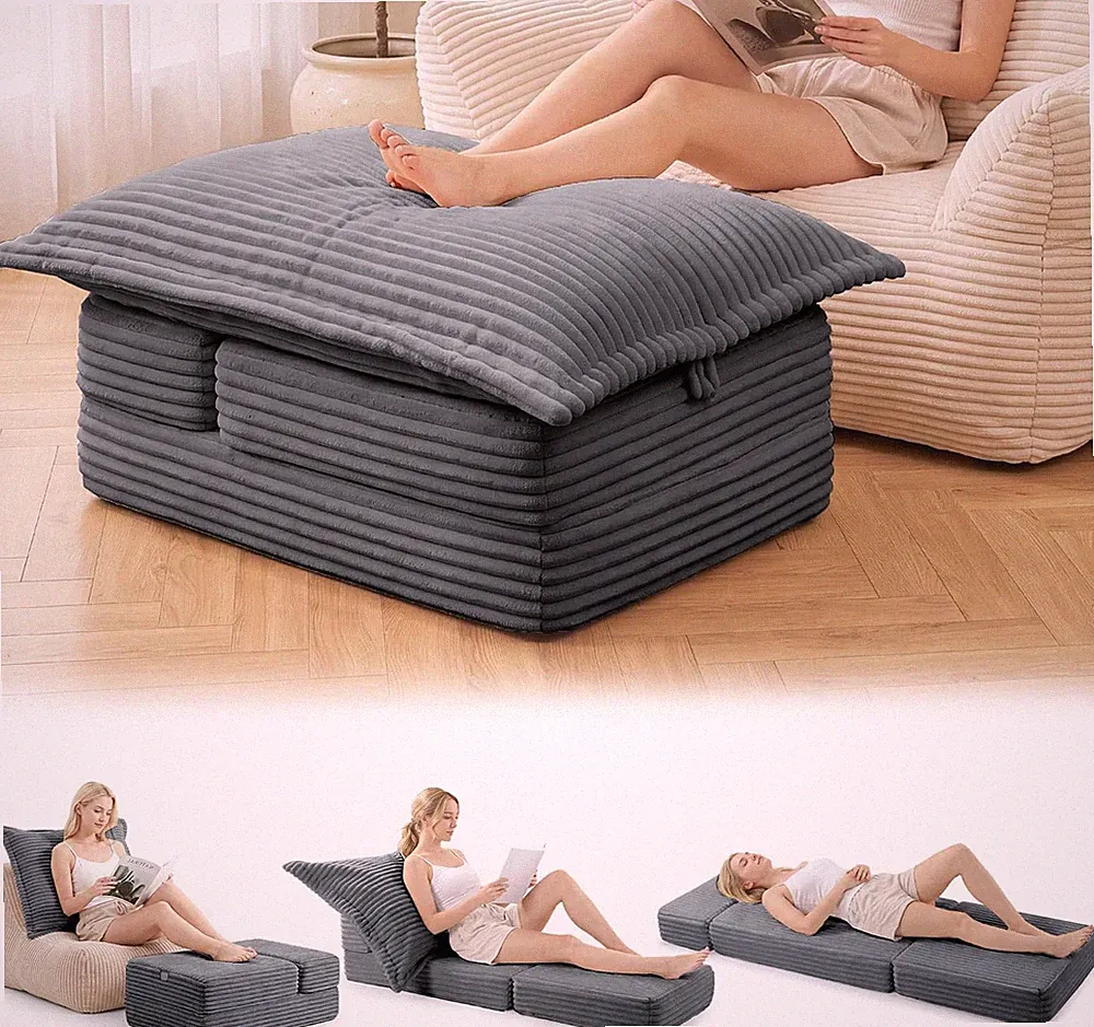 Convertible Foldable Corduroy Ottoman Sofa Bed - Dark Gray, Removable Cover