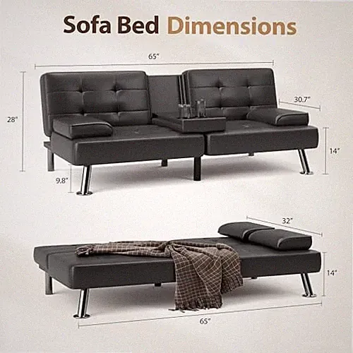 Convertible Folding Futon Sofa Bed Sleeper Couch for Living Room Black Leather
