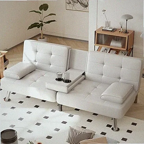 Convertible Folding Futon Sofa Bed Sleeper Couch for Living Room White Leather