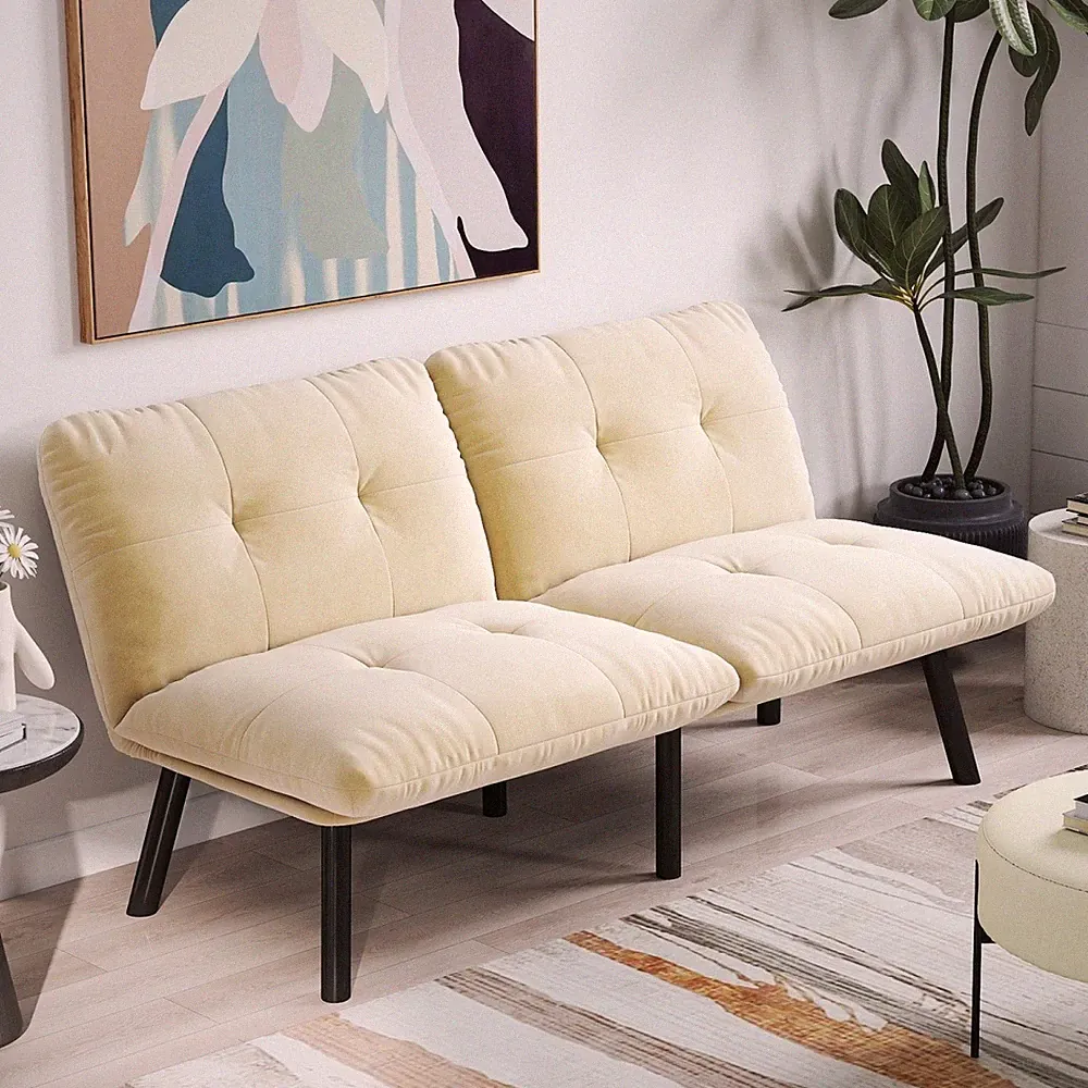 Convertible Folding Sofa Bed Comfort Velvet Upholstered 2-Seater Sofa Cream