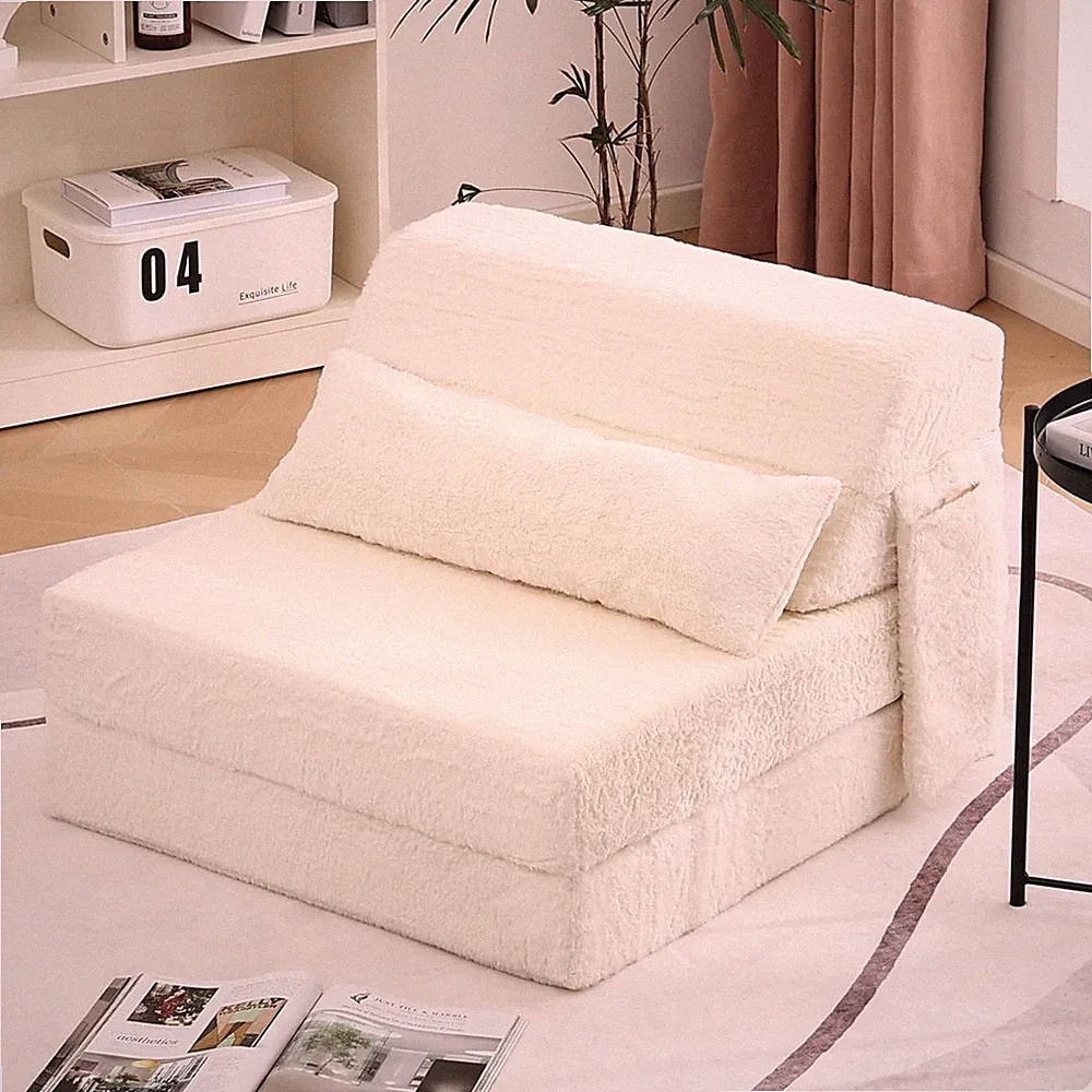 Convertible Folding Sofa Bed Single Size for Adults w/ Pillow Plush Fabric Beige