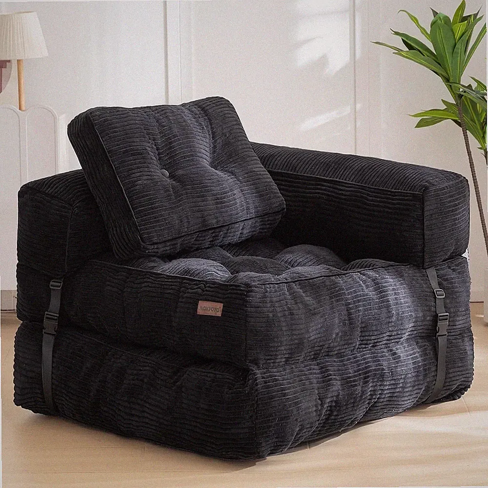 Convertible Folding Sofa Bed with L-Shaped Armrest and Pillow - Modern Black