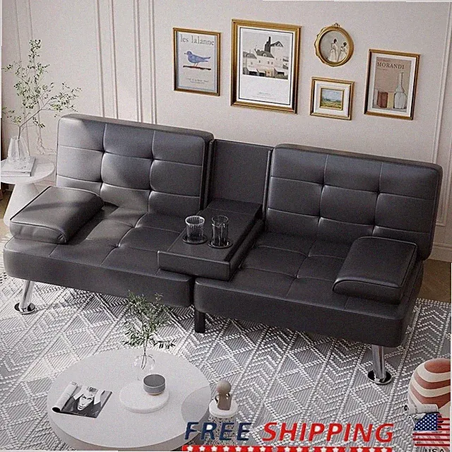 Convertible Futon Sofa Bed 3 Positions 2 Seater W/ Cup Holder Durable Design New