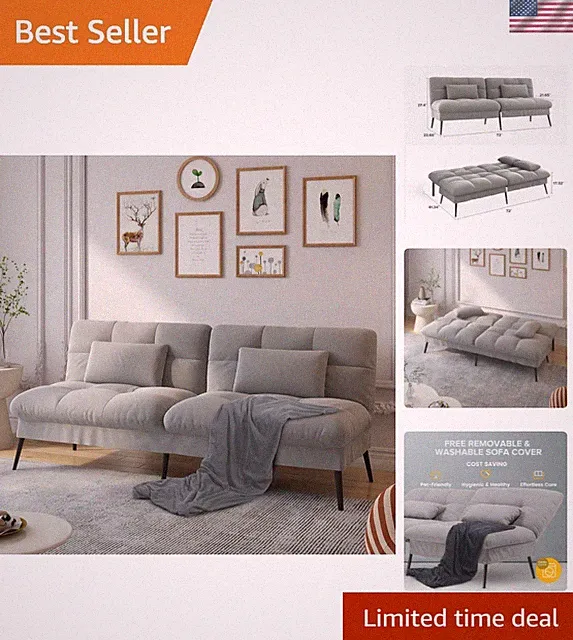 Convertible Futon Sofa Bed, 72_Fabric Futons Couch with Adjustable Backrest,...