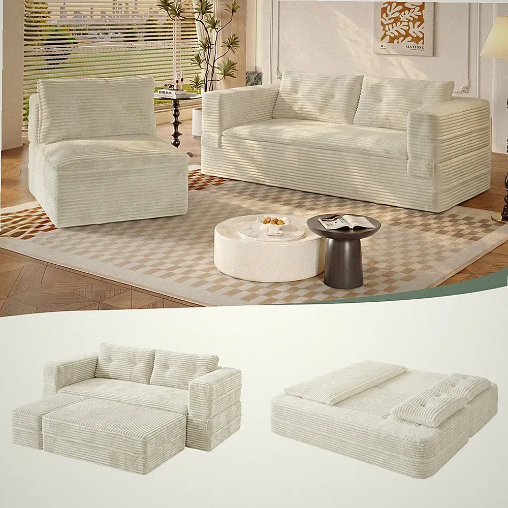 Convertible Futon Sofa Bed 80" King Size Corduroy Couch Bed with Chaise Blanket