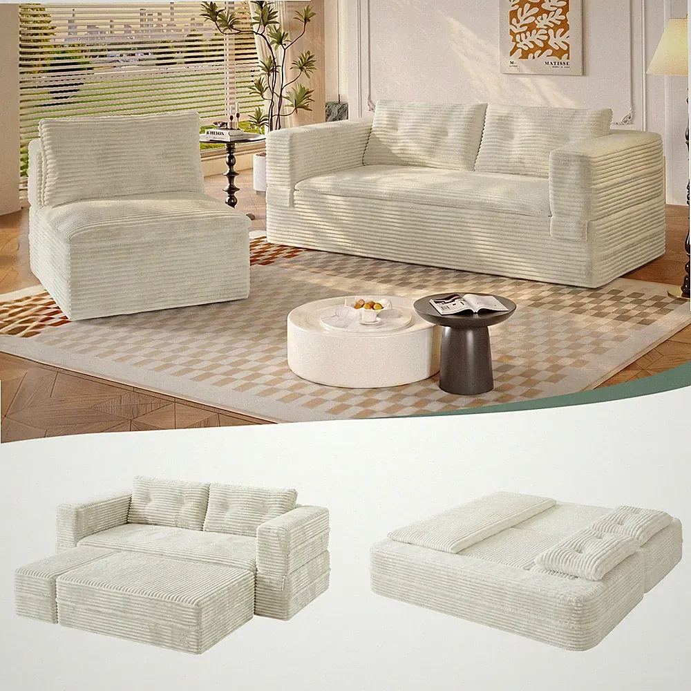 Convertible Futon Sofa Bed 80" King Size Corduroy Couch Bed with Chaise Blanket