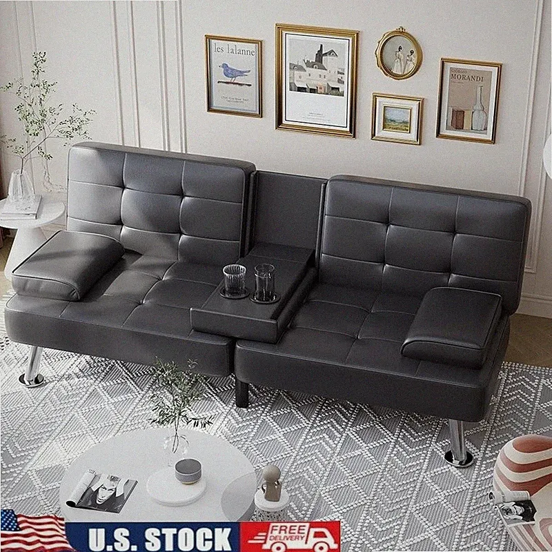 Convertible Futon Sofa Bed Adjustable Positions W/ Cup Holder Small Spaces New