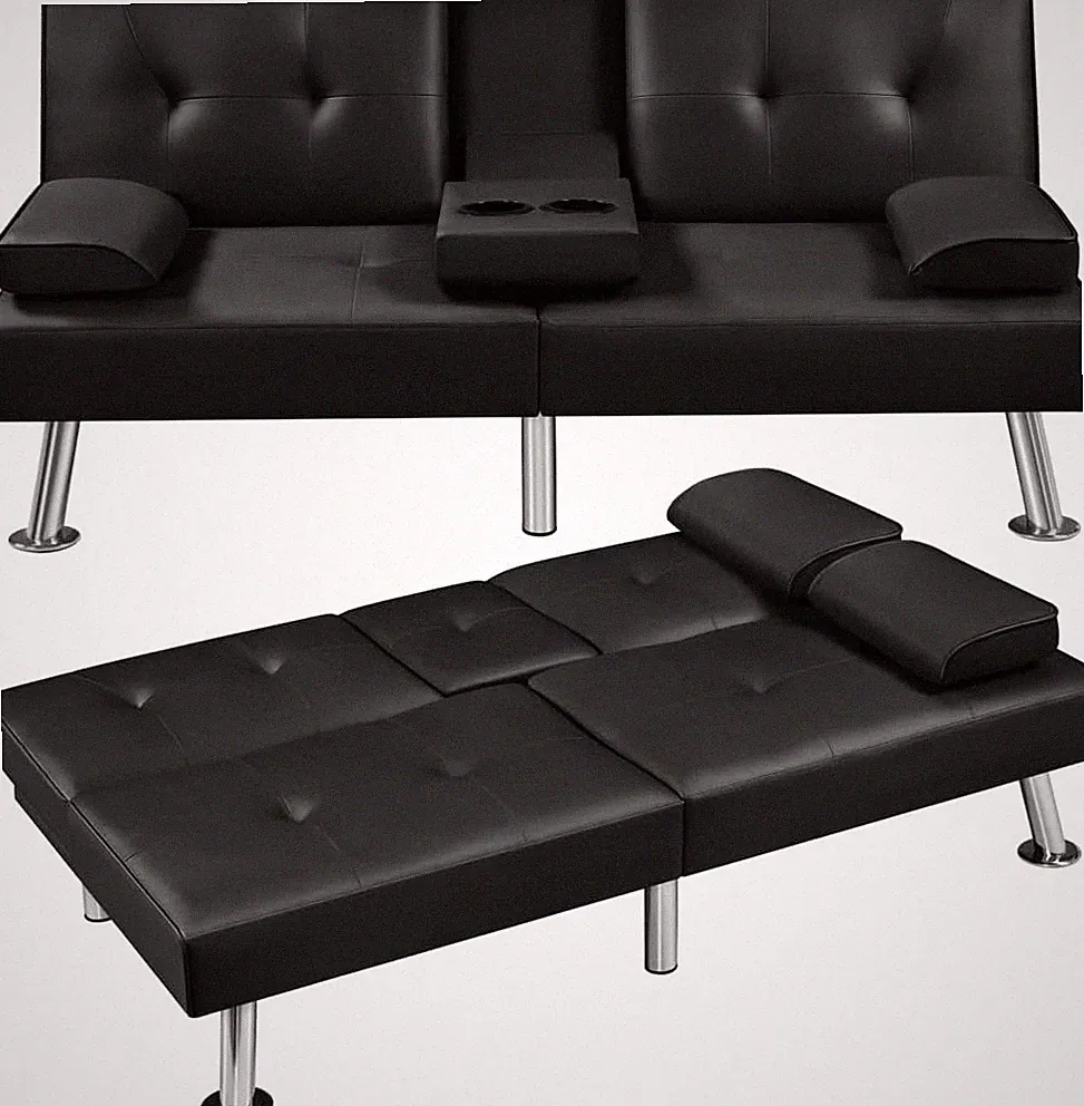Convertible Futon Sofa Bed Faux Leather Loveseat Recliner Chair with Cup Holder