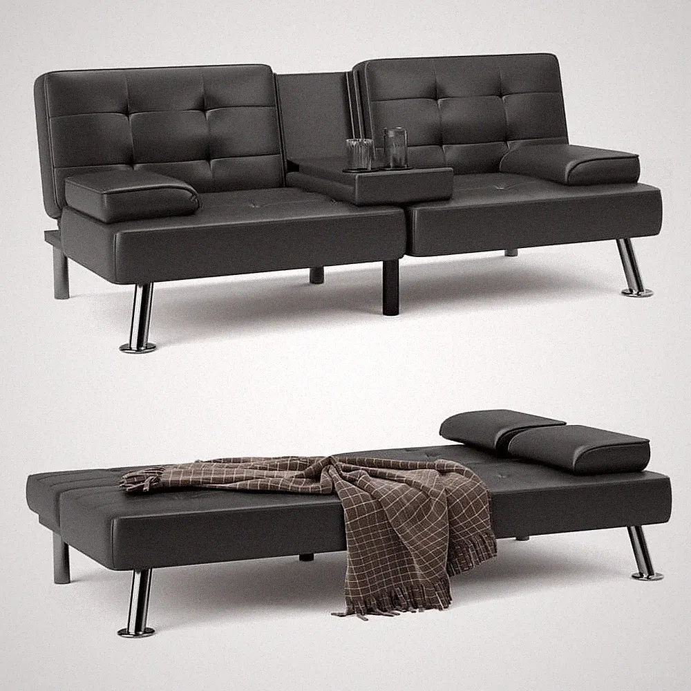 Convertible Futon Sofa Bed Folding Faux Leather Couch Built-in Hidden Cup Holder