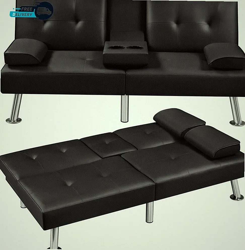 Convertible Futon Sofa Bed Loveseat with Cup Holder Black | 3 Angles Sofa