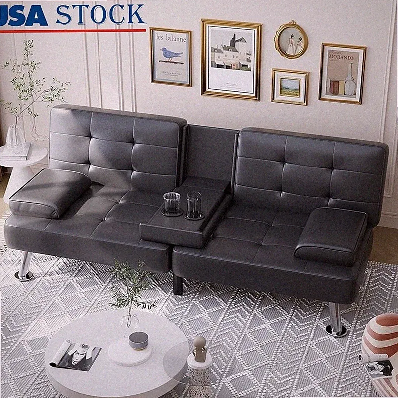 Convertible Futon Sofa Bed W/ Adjustable Backrest & Cup Holder Small Spaces New