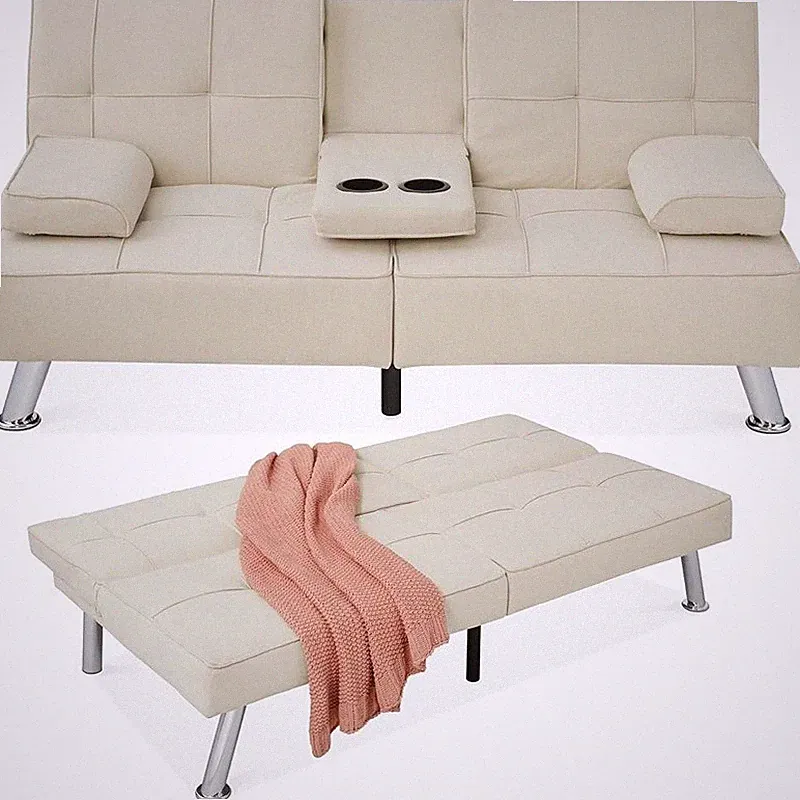 Convertible Futon Sofa Bed W/ Adjustable Backrest & Cupholders Small Spaces New