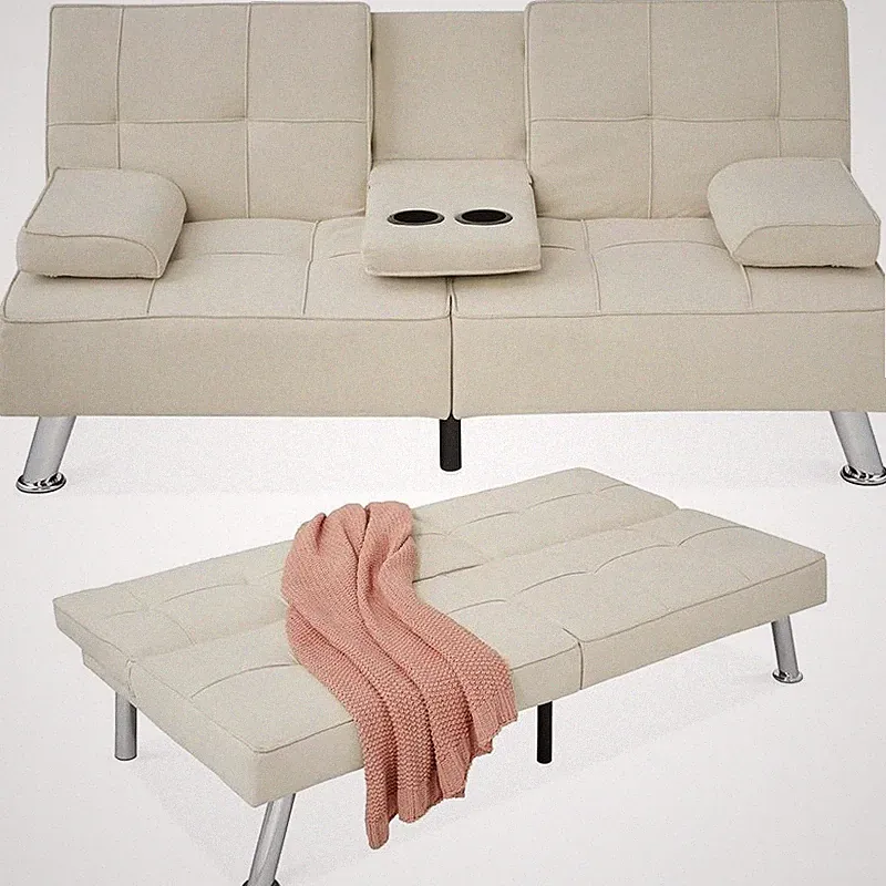 Convertible Futon Sofa Bed W/ Adjustable Backrest & Cupholders Small Spaces New