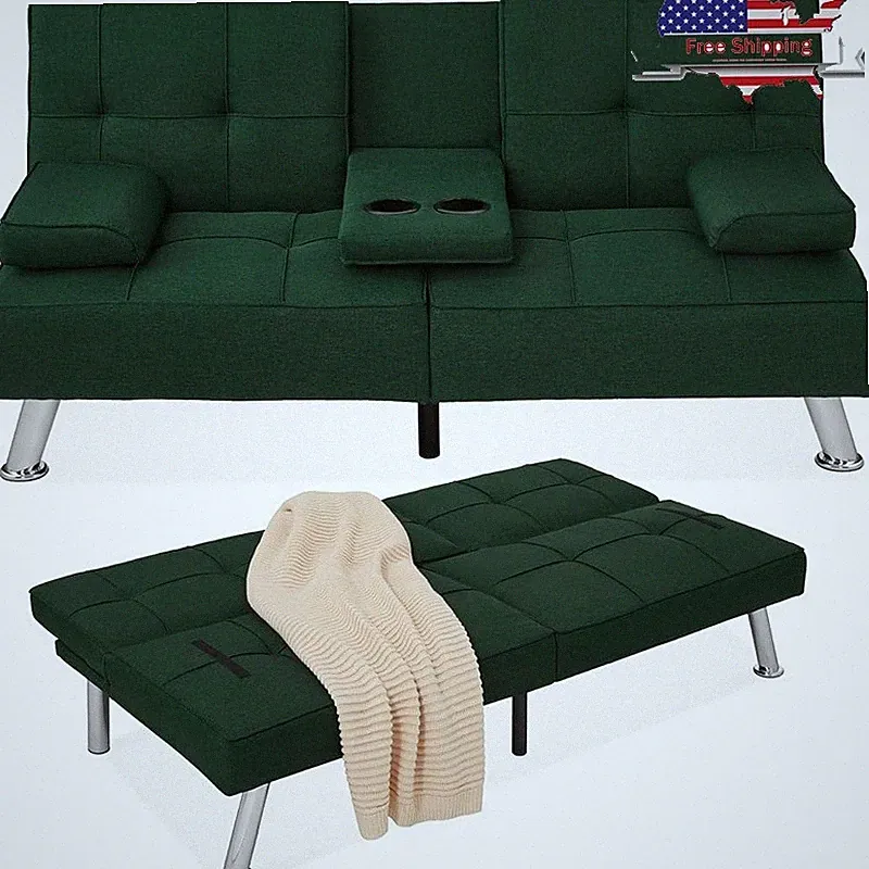 Convertible Futon Sofa Bed W/ Adjustable Backrest & Cupholders Small Spaces New