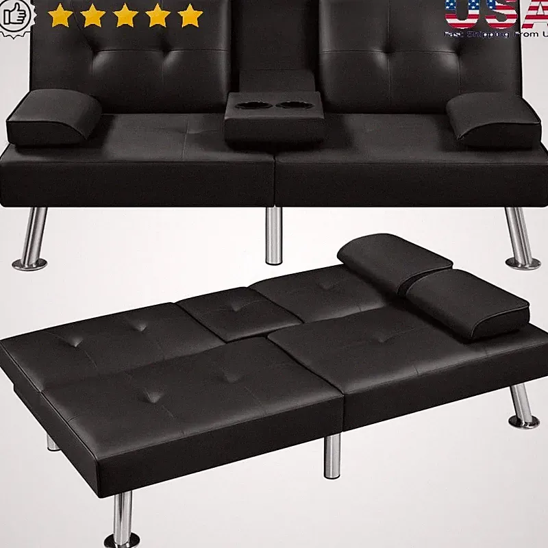 Convertible Futon Sofa Bed W/ Cup Holders & Throw Pillows Small Spaces New