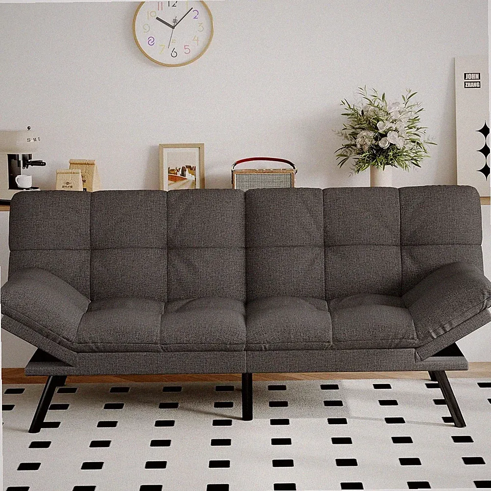 Convertible Grey Linen Futon Sofa Bed with Memory Foam & Adjustable Backrest