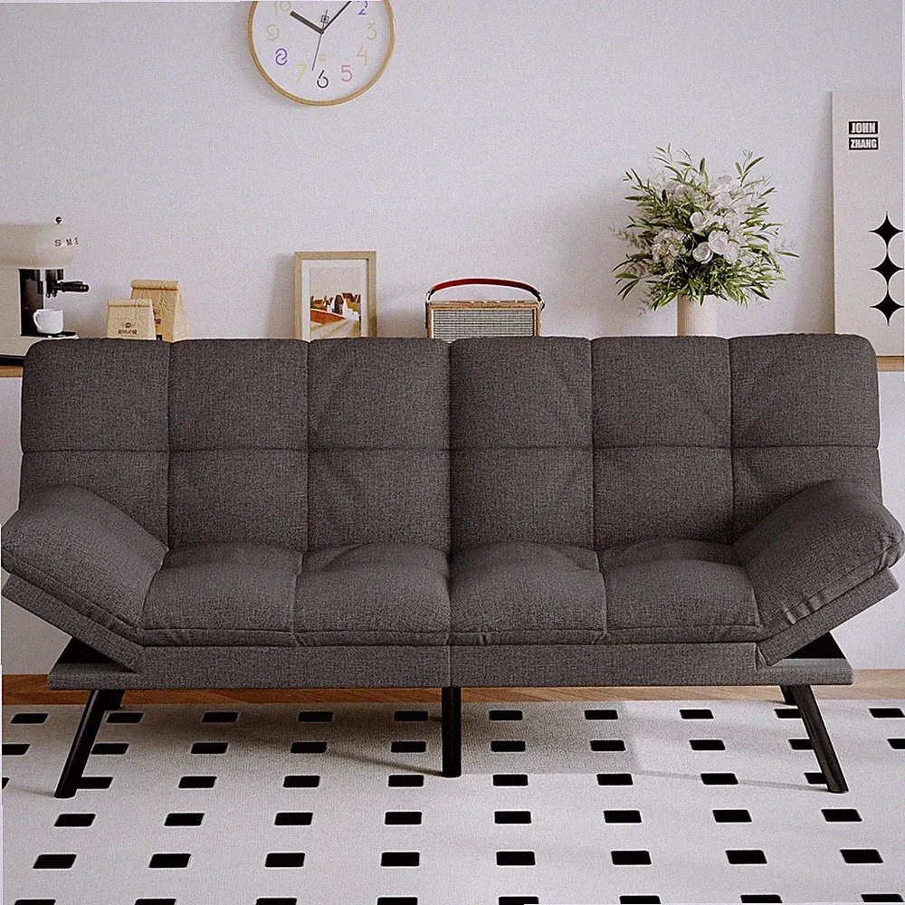 Convertible Grey Linen Futon Sofa Bed with Memory Foam & Adjustable Backrest