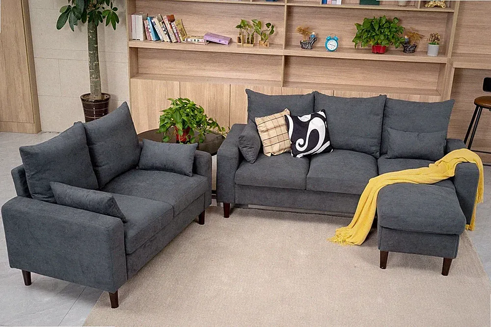 Convertible L-Shape Sectional Sofa 2 3 Seater Chaise Linen Grey Footstool