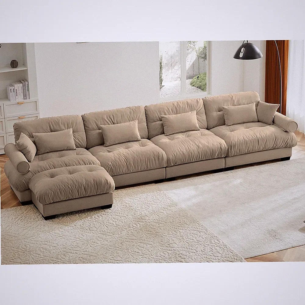 Convertible L-Shape Sectional Sofa, Velvet Cloud Couch with Pillows, Camel