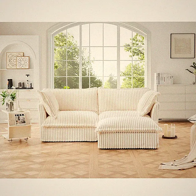 Convertible L-Shape Sofa with Ottoman & Removable Cream Corduroy Cover