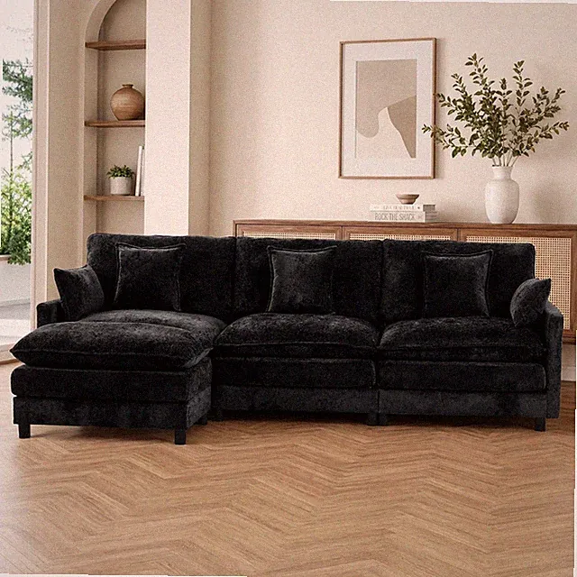 Convertible L-Shaped Modular Sofa Couch with Ottoman & Lumbar Pillows, Black