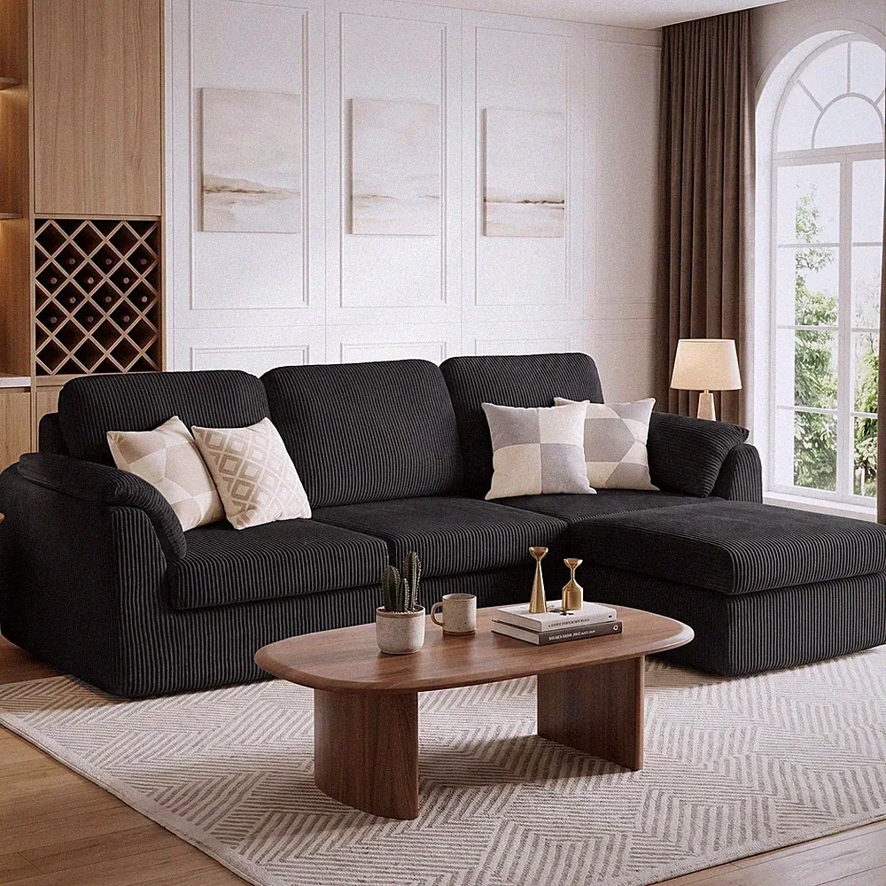 Convertible L Shaped Sectional Sofa 3 Seat Removable Pillows Corduroy Black