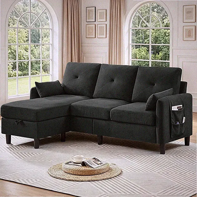 Convertible L-Shaped Sectional Sofa 3-Seat Sofa Couches W/ Storage Ottoman