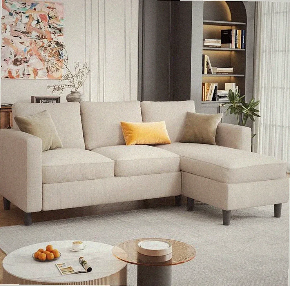 Convertible L-Shaped Sectional Sofa 3-Seated With Ottoman, Breathable Fabric