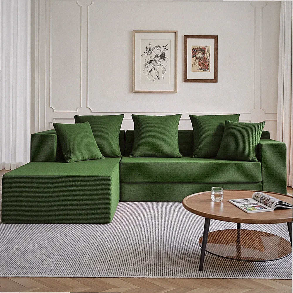 Convertible L-Shaped Sectional Sofa Bed, 4-in-1 Corduroy, Green