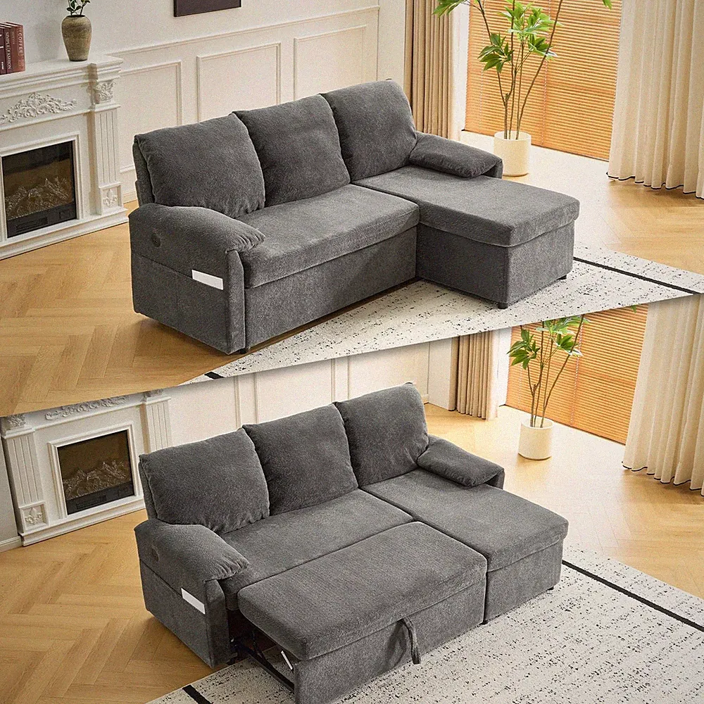 Convertible L-Shaped Sectional Sofa Bed Pull Out Couch Storage Chaise USB
