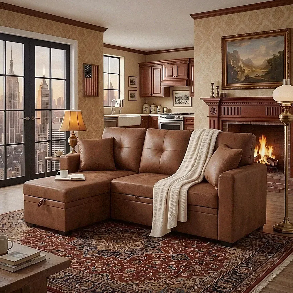 Convertible L-Shaped Sectional Sofa Bed with Reversible Storage Chaise, Modern F