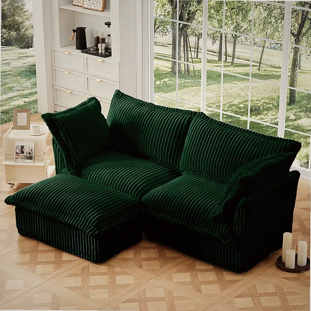 Convertible L-Shaped Sectional Sofa w/ Ottoman, Removable Green Corduroy Cover