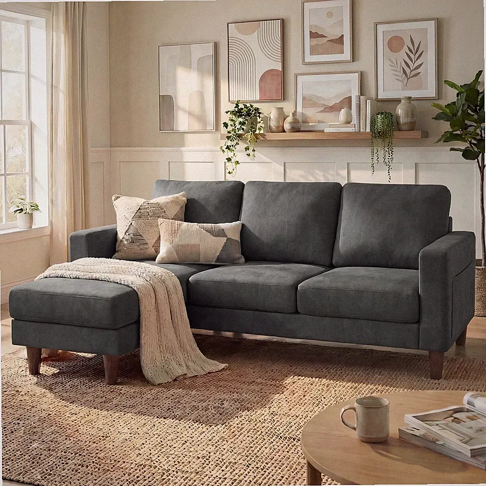 Convertible L Shaped Sectional Sofa with Ottoman Storage Pocket Dark Gray Linen