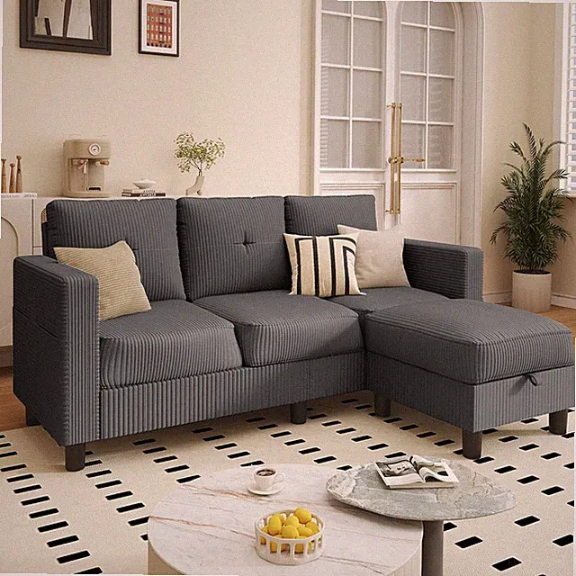 Convertible L-Shaped Sectional Sofa with Reversible Storage Ottoman, 3-Seat Couc