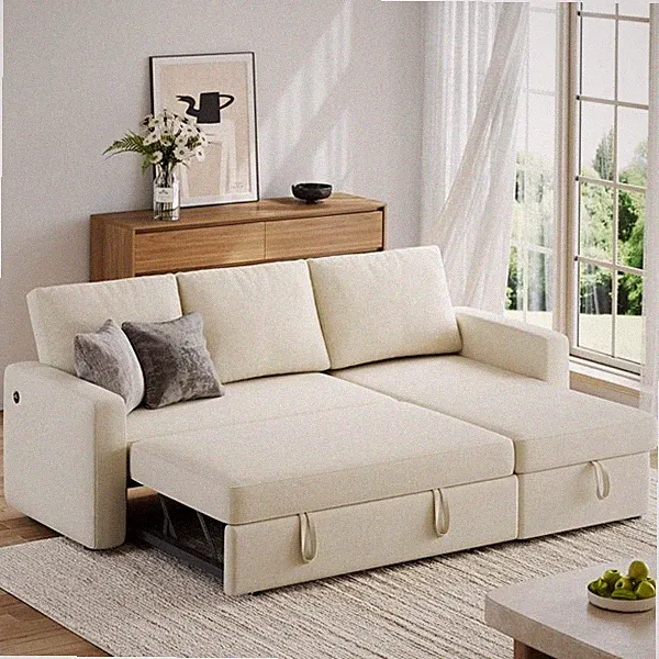 Convertible L-Shaped Sectional Sofa with Storage Compartment & USB Ports, Beige