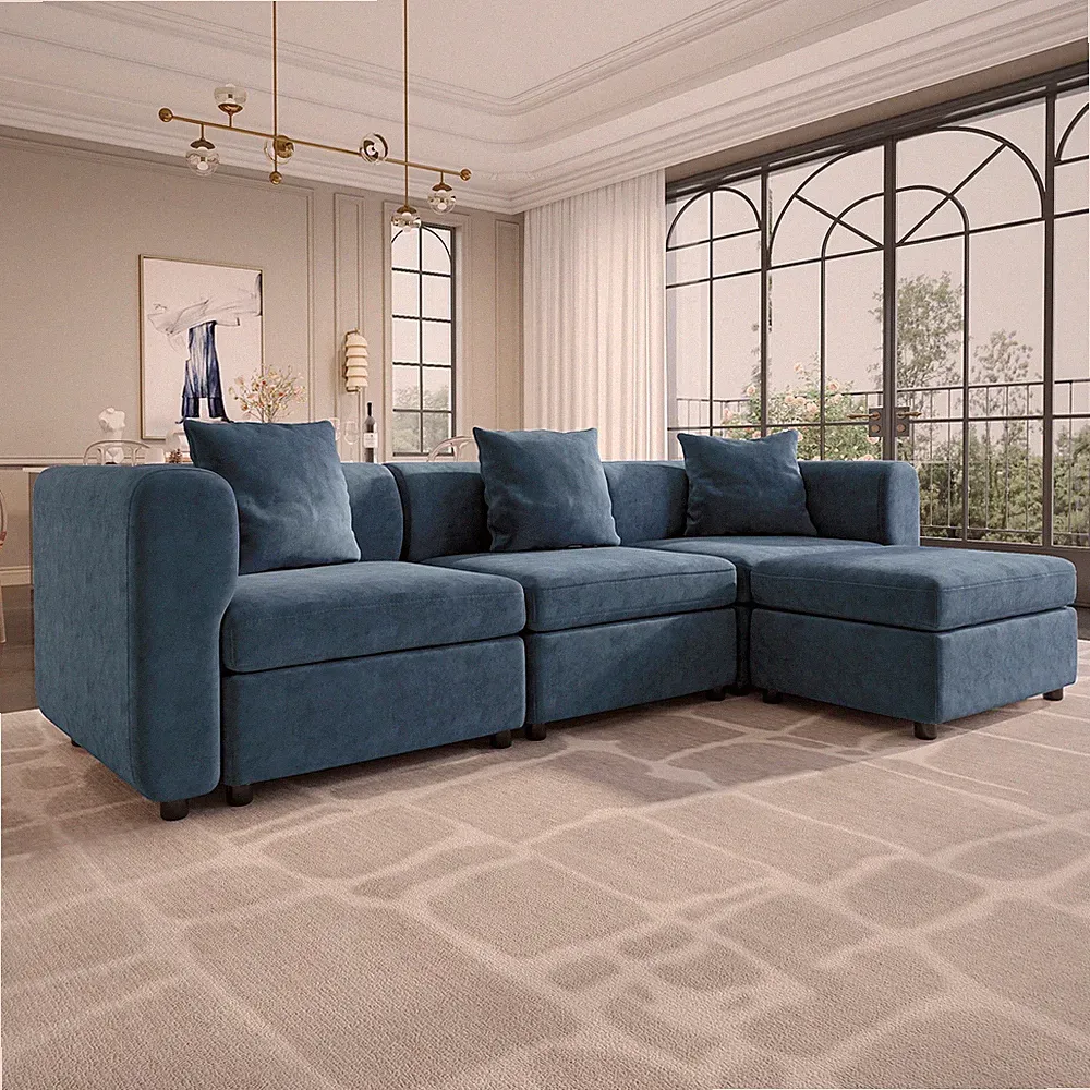 Convertible L-Shaped Velvet Sectional Sofa with 3 Pillows and Storage Ottoman